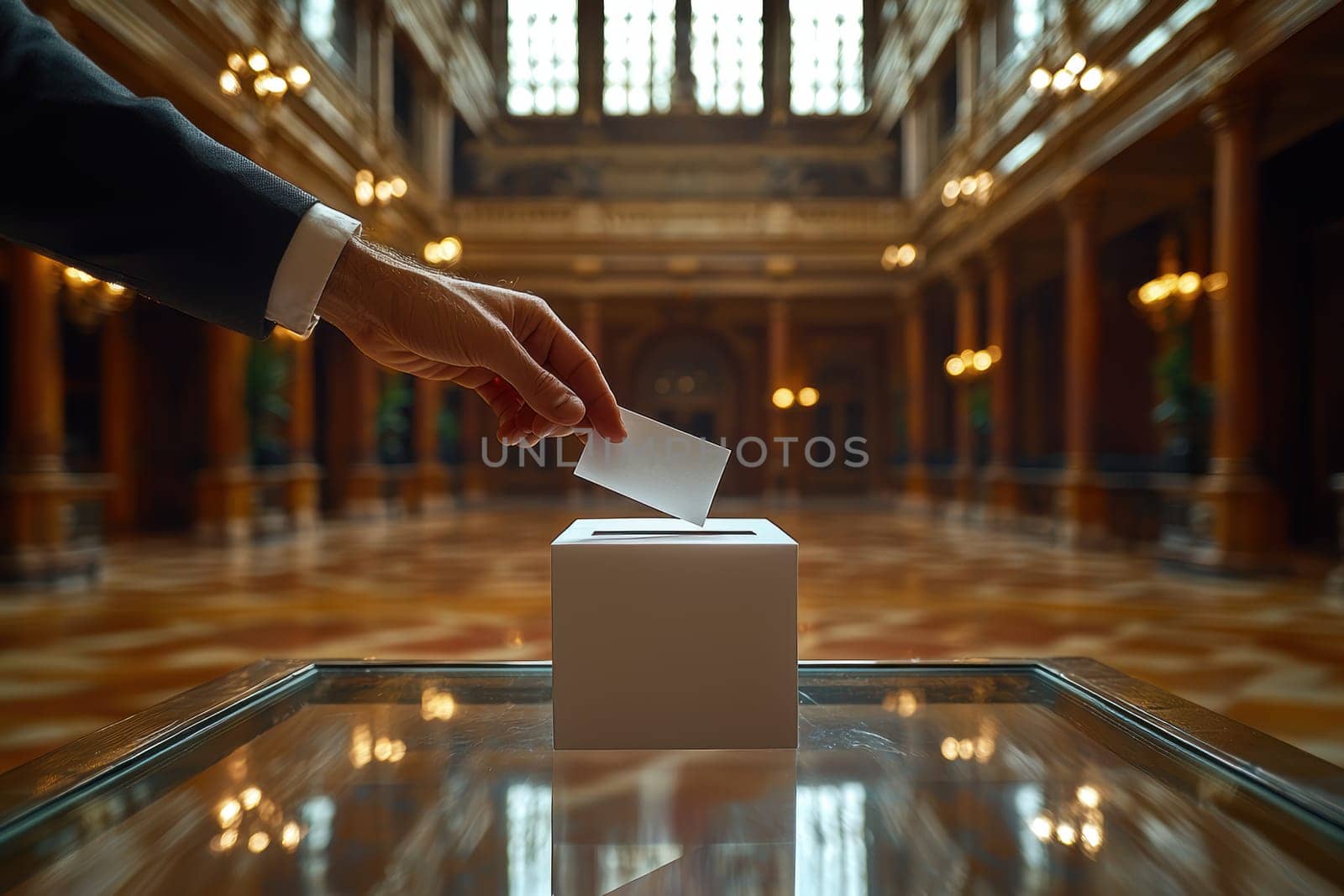 A hand, with careful intent, is casting a vote into a ballot box situated within a grand, historic building