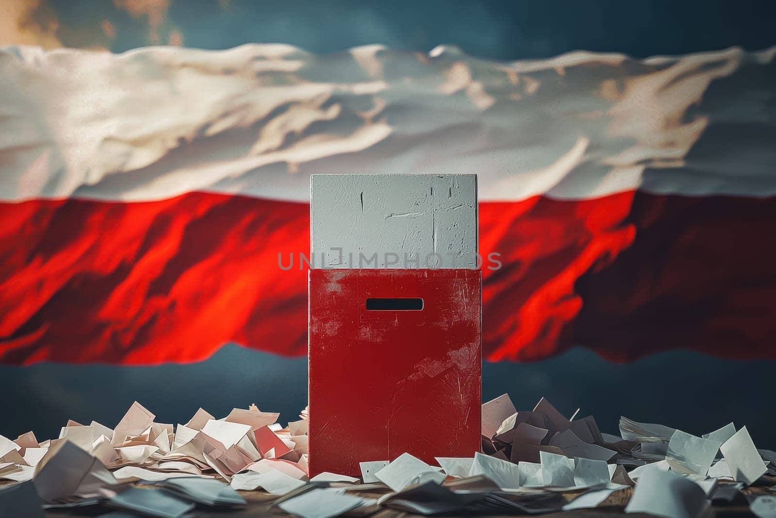 A ballot box before the Polish flag powerfully represents democracy and highlights the importance of elections