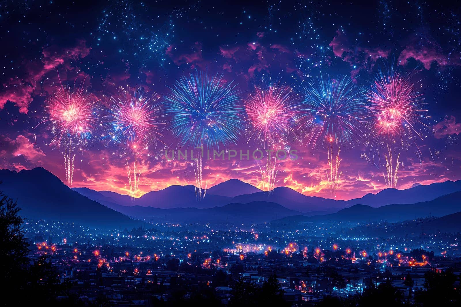 An absolutely breathtaking fireworks spectacle lights up the stunning night sky above a peaceful village