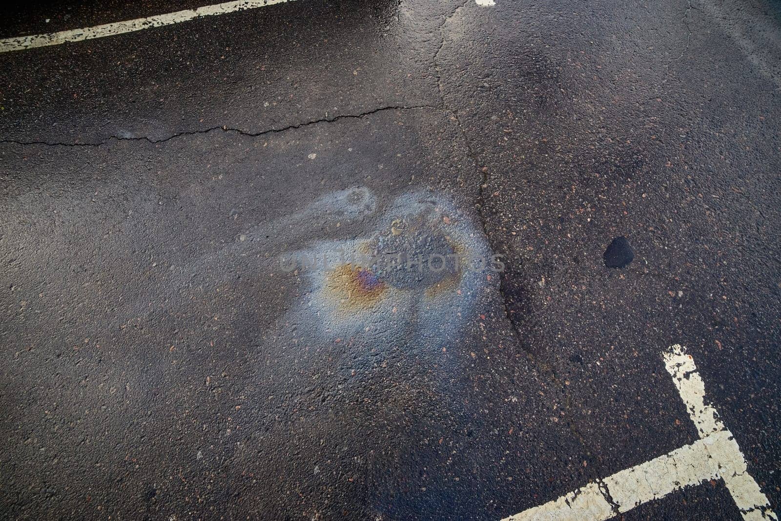 Gasoline or oil spill creating rainbow colors on wet asphalt parking lot surface.