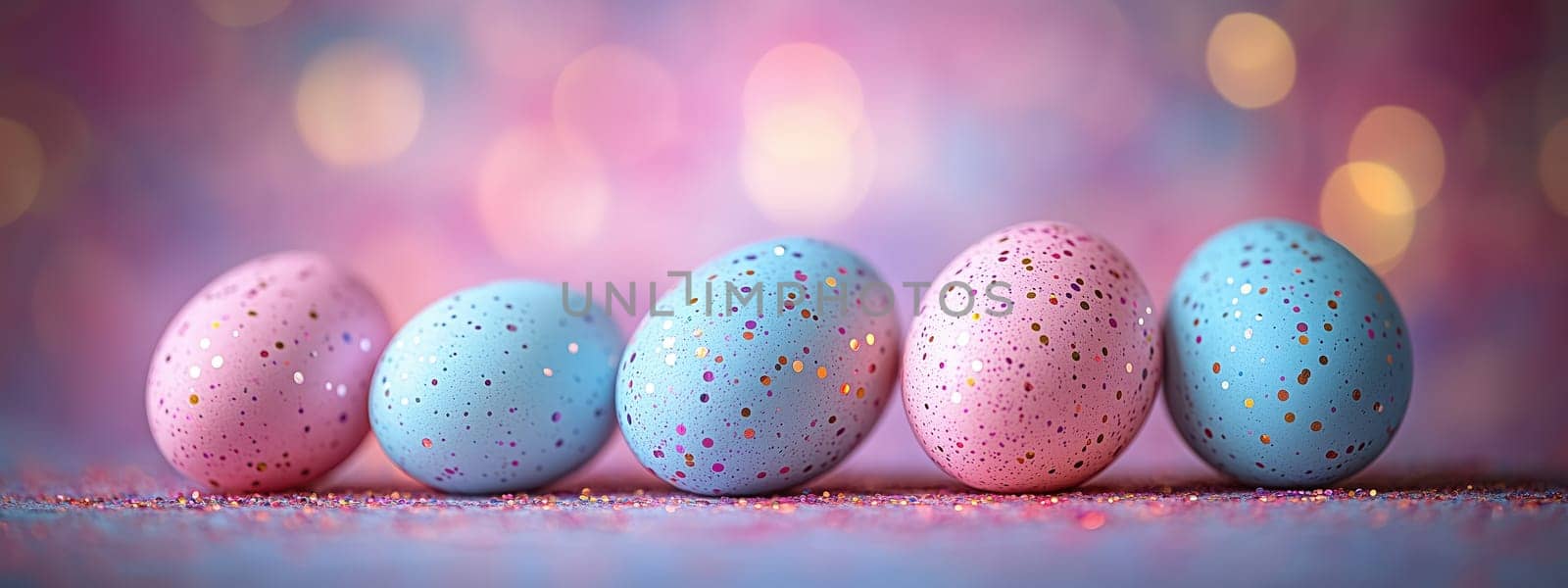 A row of pastel-colored Easter eggs in shades of pink and blue, adorned with glitter and confetti, against a blurred, festive background.