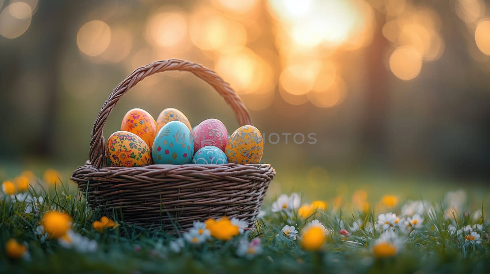 A wicker basket filled with colorful hand-painted Easter eggs resting on a grassy field surrounded by flowers, bathed in soft golden sunlight.