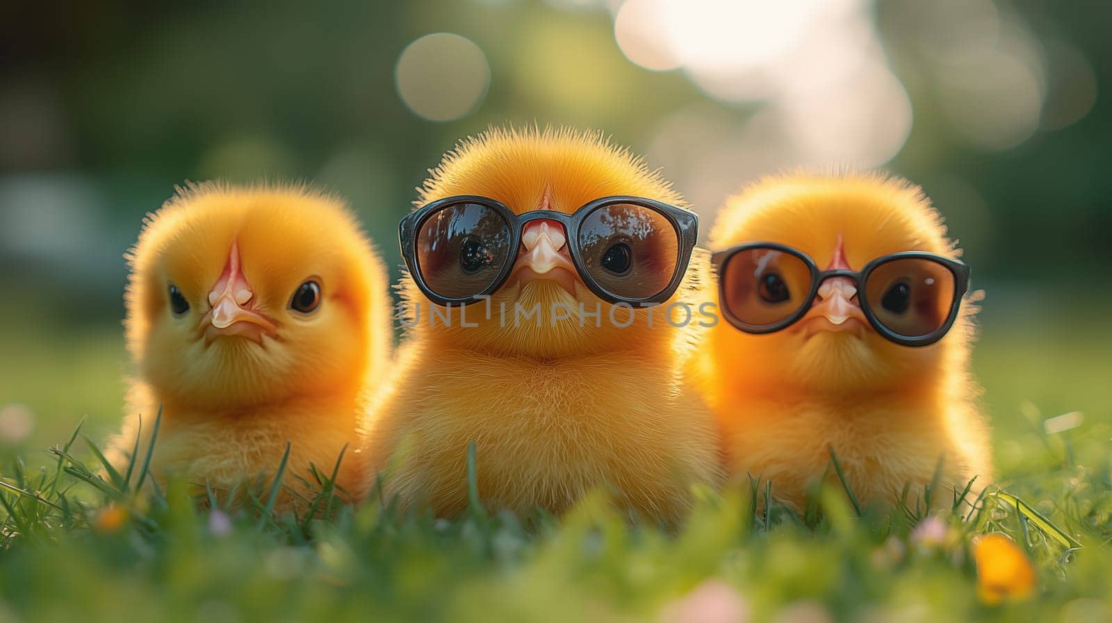Three playful yellow ducklings, two wearing stylish sunglasses, standing on green grass in a bright outdoor setting.