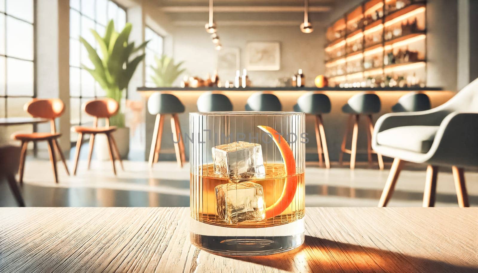 A side-angle view of a whiskey glass on a light wooden table in a bright, modern bar. The minimalist glass design, highlighted by natural light, features a clear ice cube and a neatly placed orange peel garnish, creating a fresh and inviting atmosphere.