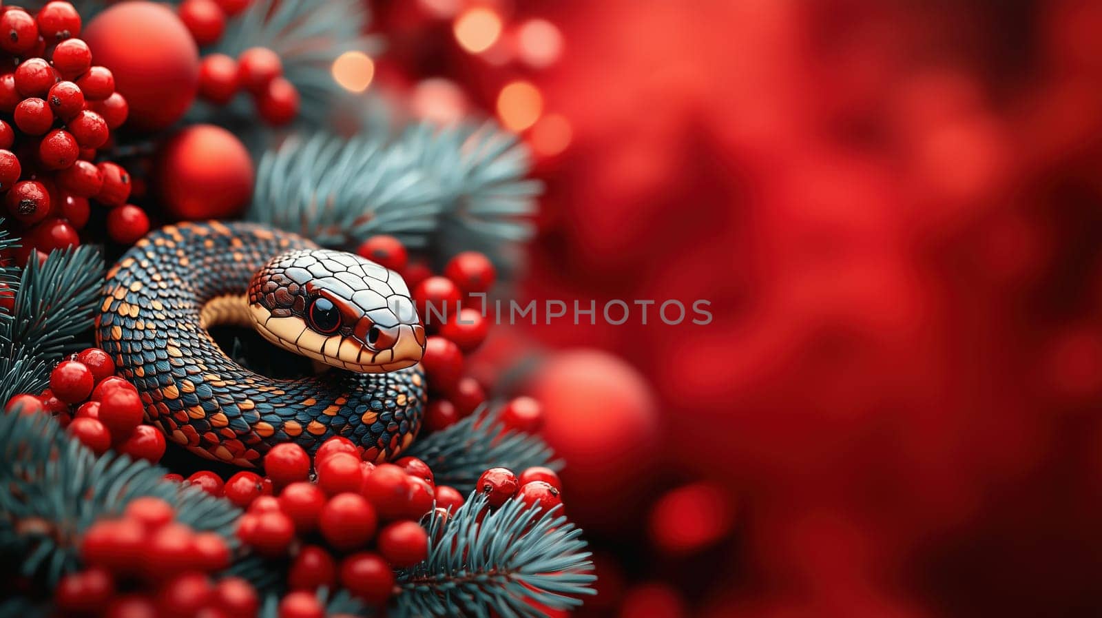 Unique Christmas-themed composition with a detailed snake coiled amid red berries, pine branches, and festive holiday ornaments.