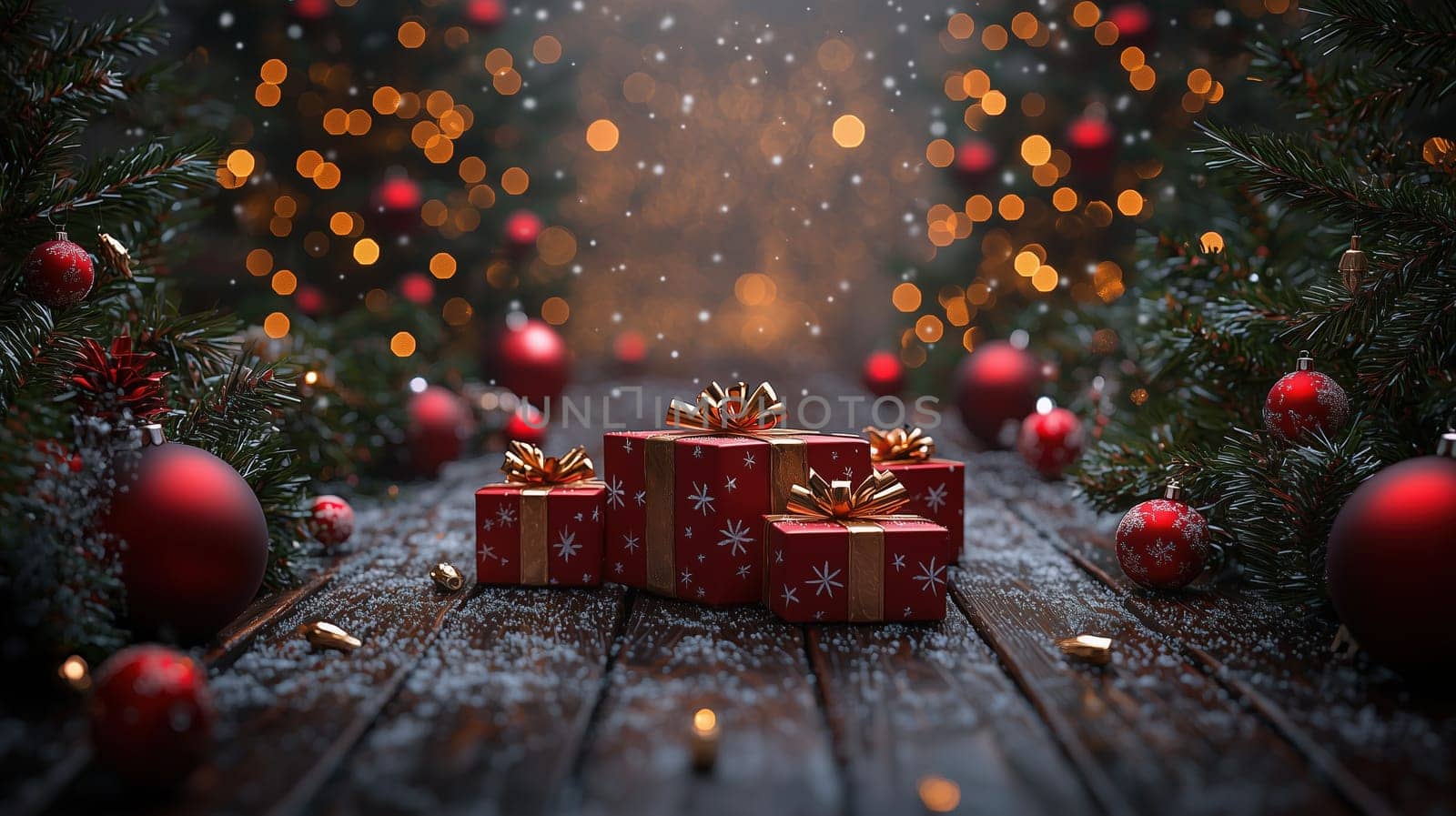 Warm Christmas atmosphere featuring red and gold wrapped presents on a snow-dusted wooden floor, flanked by holiday trees and ornaments.