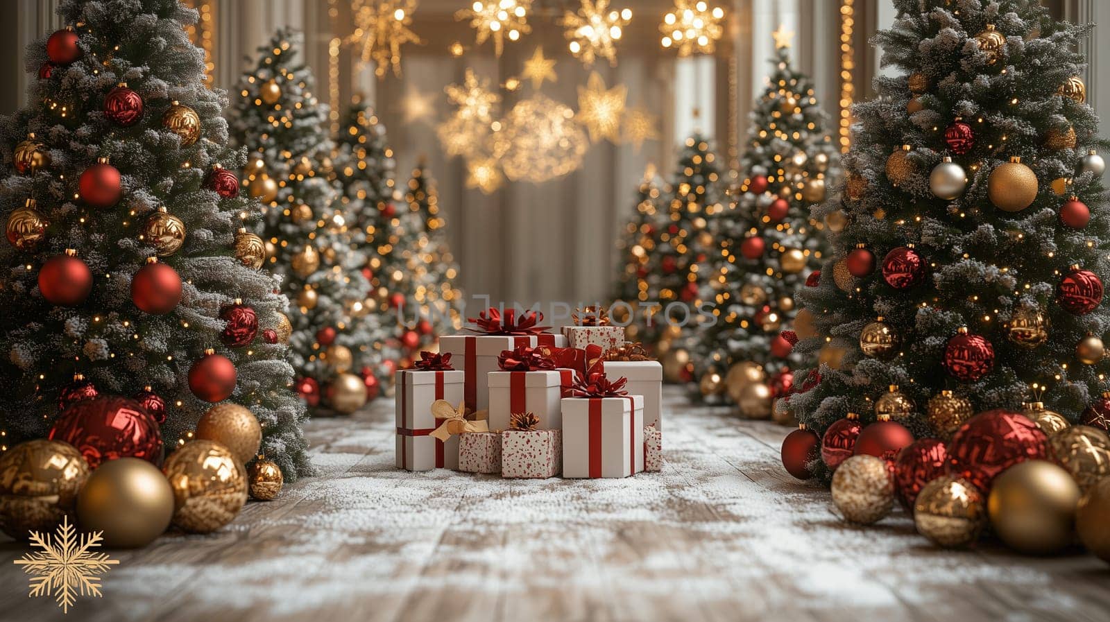 A charming Christmas corridor featuring snow-dusted trees decorated with red and gold ornaments, glowing snowflake lights, and neatly wrapped presents in an elegant setting.