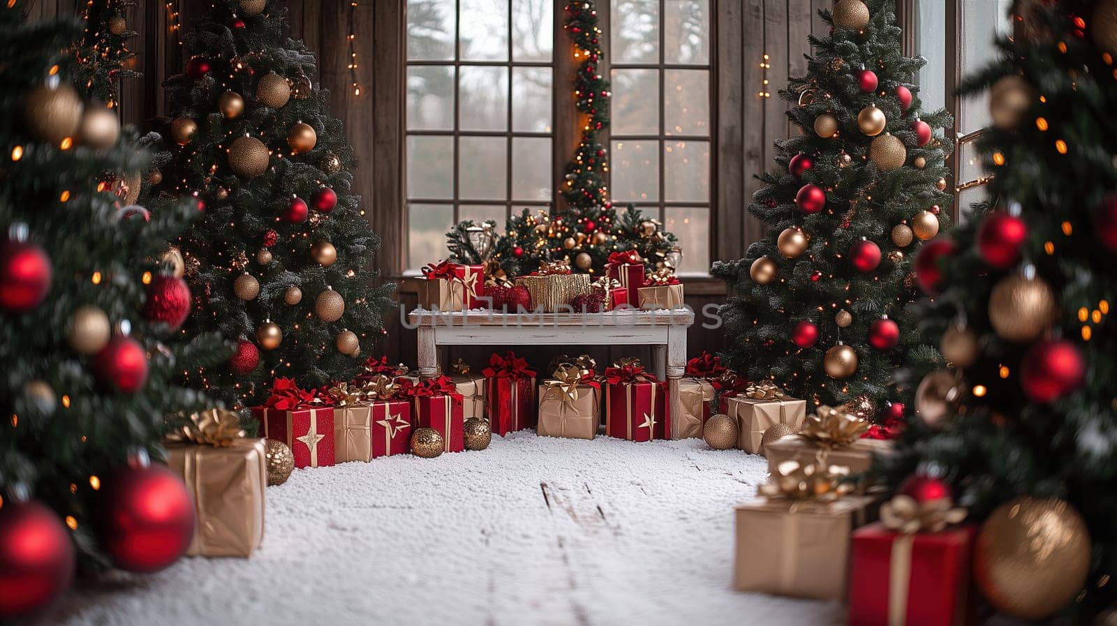 Warm holiday atmosphere with richly decorated Christmas trees, red and gold ornaments, and a rustic table surrounded by presents in a snow-covered indoor setting.