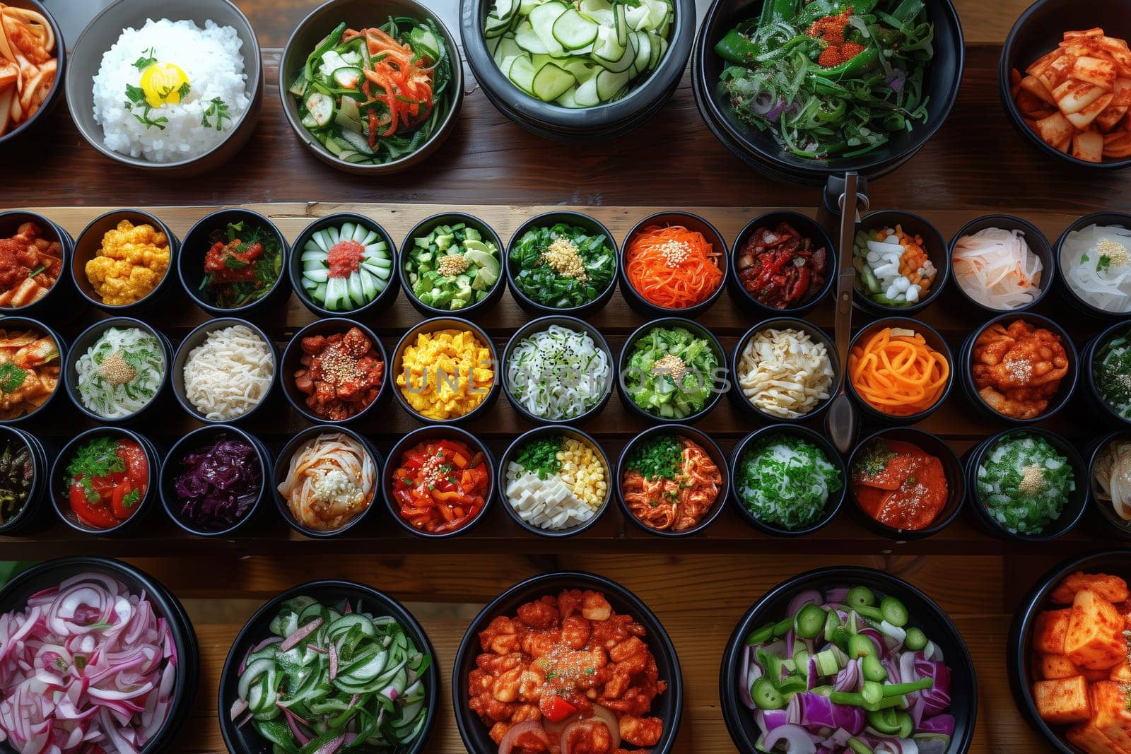 A variety of colorful and fresh Asian side dishes presented in individual bowls, placed on a rustic wooden table.