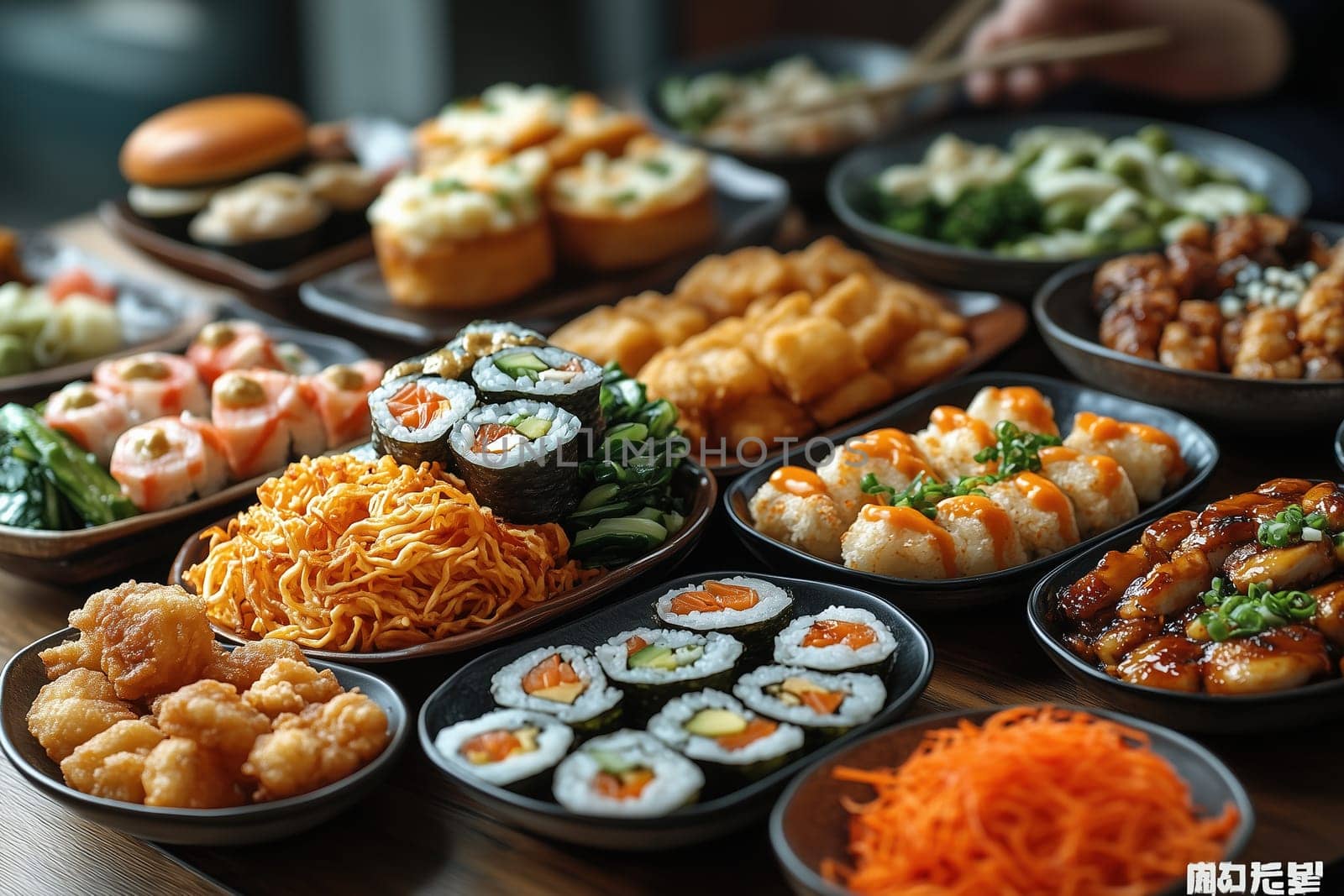 A variety of vibrant sushi rolls, noodles, and traditional Asian side dishes arranged neatly on a dining table.
