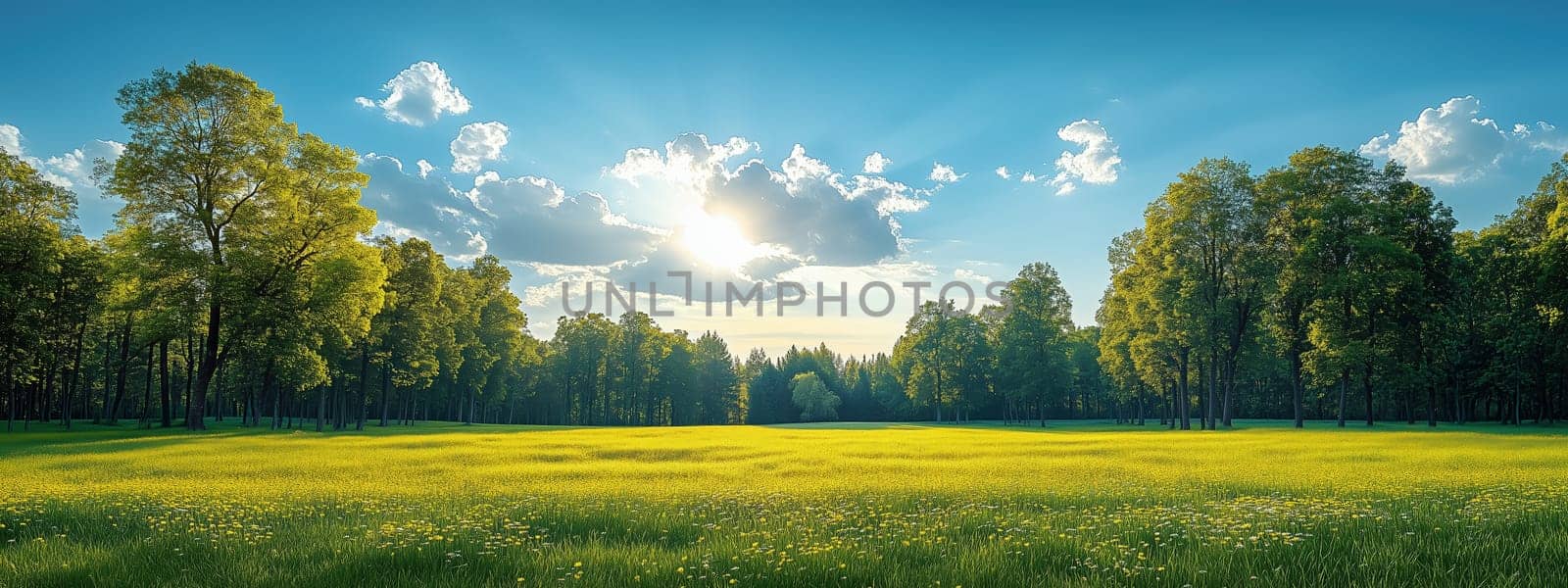A tranquil meadow of yellow wildflowers under a sunny spring sky, framed by tall green trees and a glowing horizon.