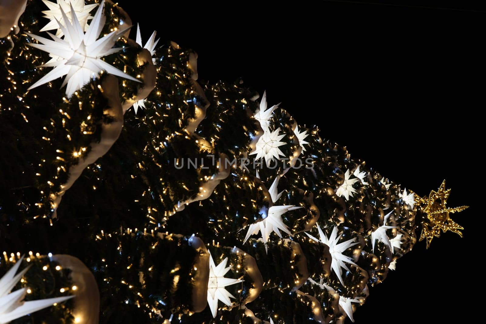 A beautifully adorned Christmas tree sparkles with colorful lights and elegant star ornaments shining brightly