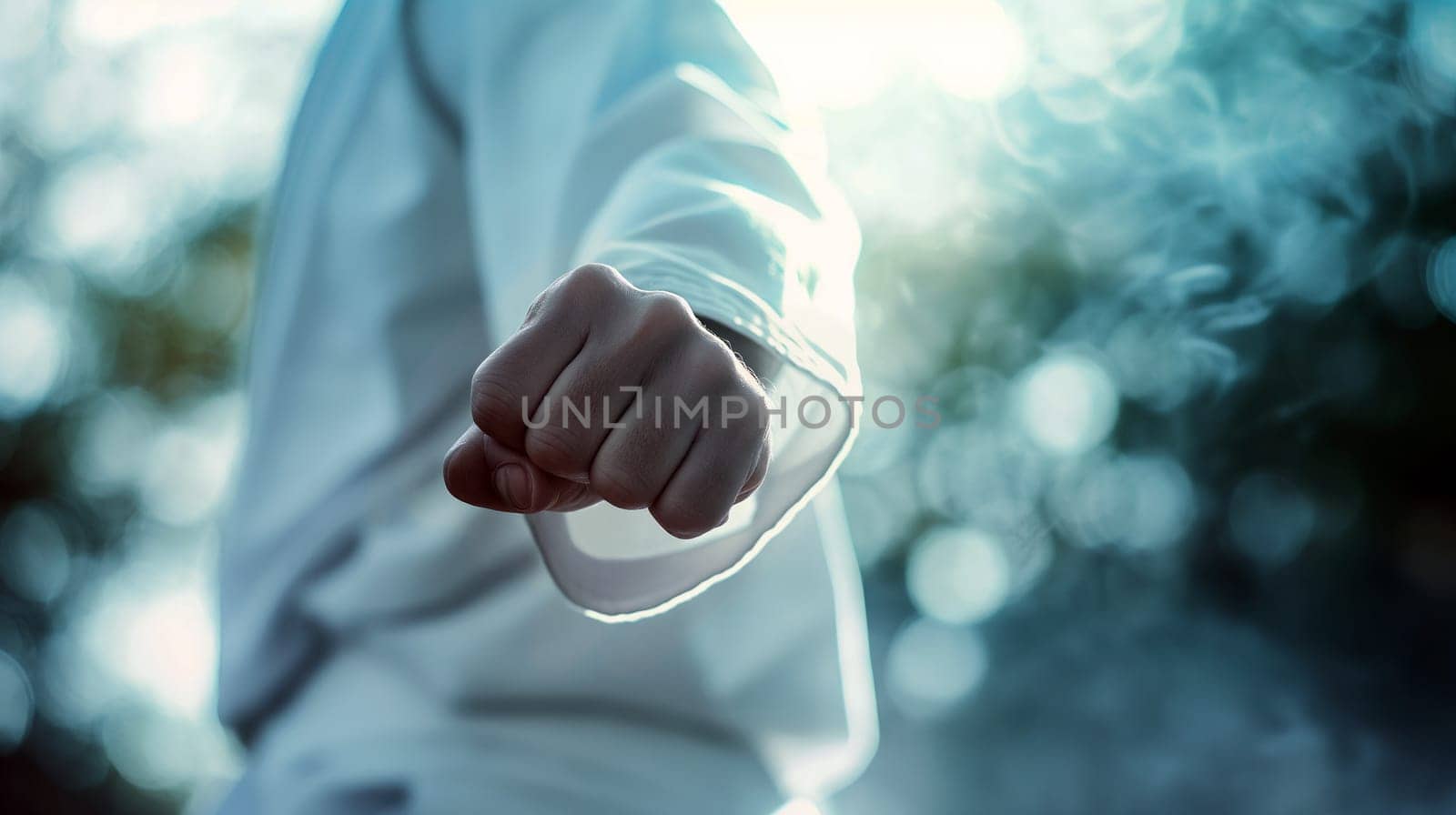 A dedicated martial artist practices a striking technique outdoors, demonstrating concentration and skill during early morning training - Generative AI