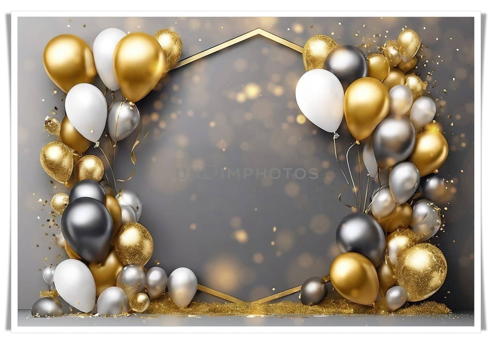 Elegant Balloon Arch with Gold, Silver, and White Balloons.This image showcases a sophisticated balloon arch arrangement featuring a mix of gold, silver, and white balloons. The balloons are artistically clustered around a geometric gold frame, creating a luxurious and festive atmosphere. The background is a soft gray with bokeh light effects, adding a touch of elegance and glamour. This setup is perfect for upscale events, celebrations, and photo backdrops.