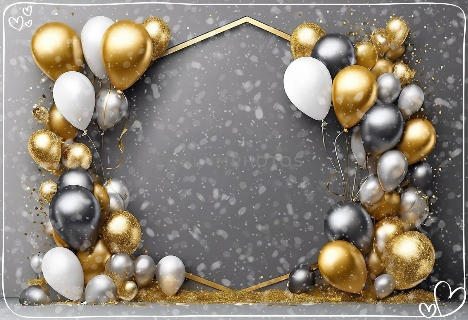 Elegant Balloon Arch with Gold, Silver, and White Balloons.This image showcases a sophisticated balloon arch arrangement featuring a mix of gold, silver, and white balloons. The balloons are artistically clustered around a geometric gold frame, creating a luxurious and festive atmosphere. The background is a soft gray with bokeh light effects, adding a touch of elegance and glamour. This setup is perfect for upscale events, celebrations, and photo backdrops.