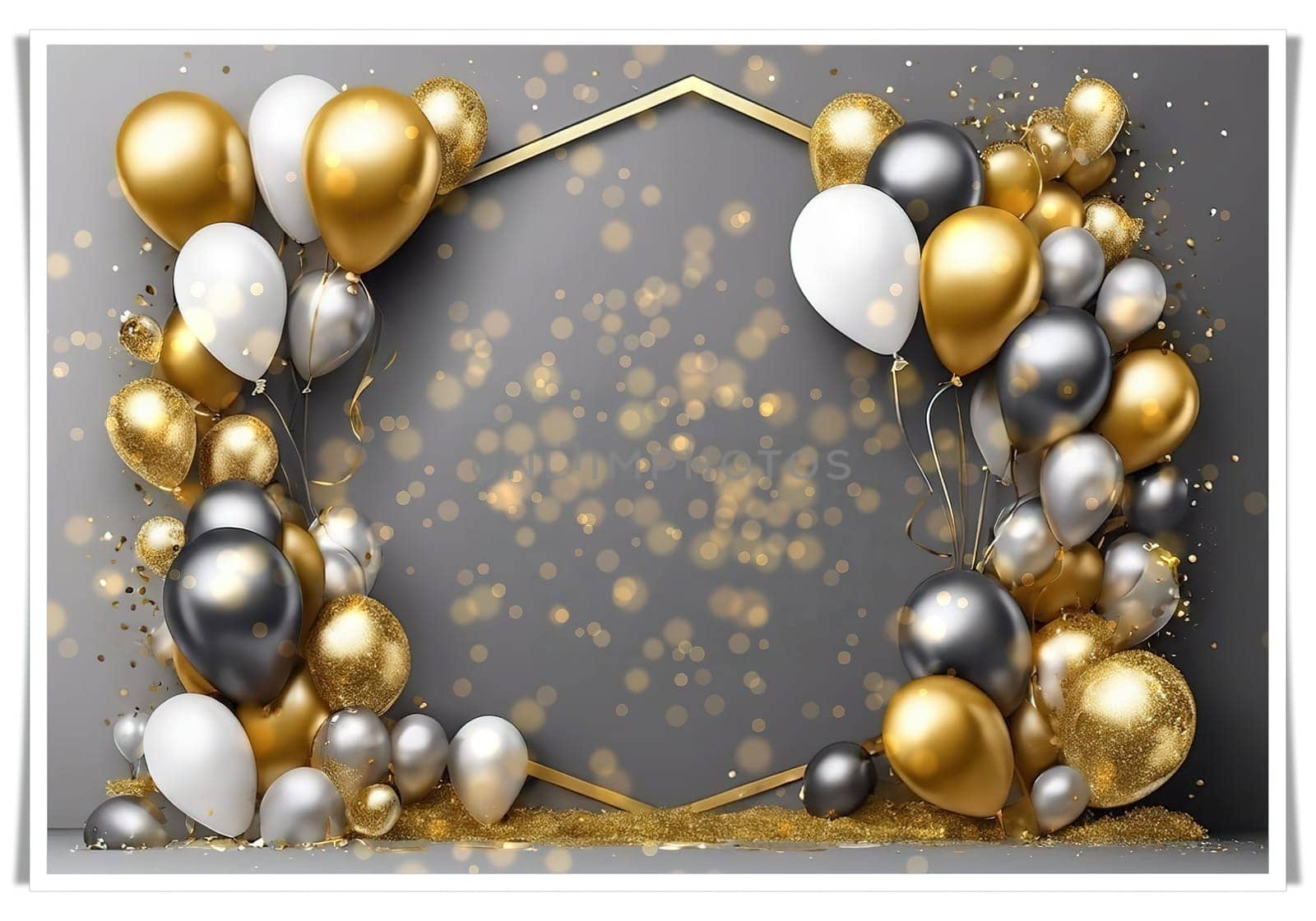Elegant Balloon Arch with Gold, Silver, and White Balloons.This image showcases a sophisticated balloon arch arrangement featuring a mix of gold, silver, and white balloons. The balloons are artistically clustered around a geometric gold frame, creating a luxurious and festive atmosphere. The background is a soft gray with bokeh light effects, adding a touch of elegance and glamour. This setup is perfect for upscale events, celebrations, and photo backdrops.