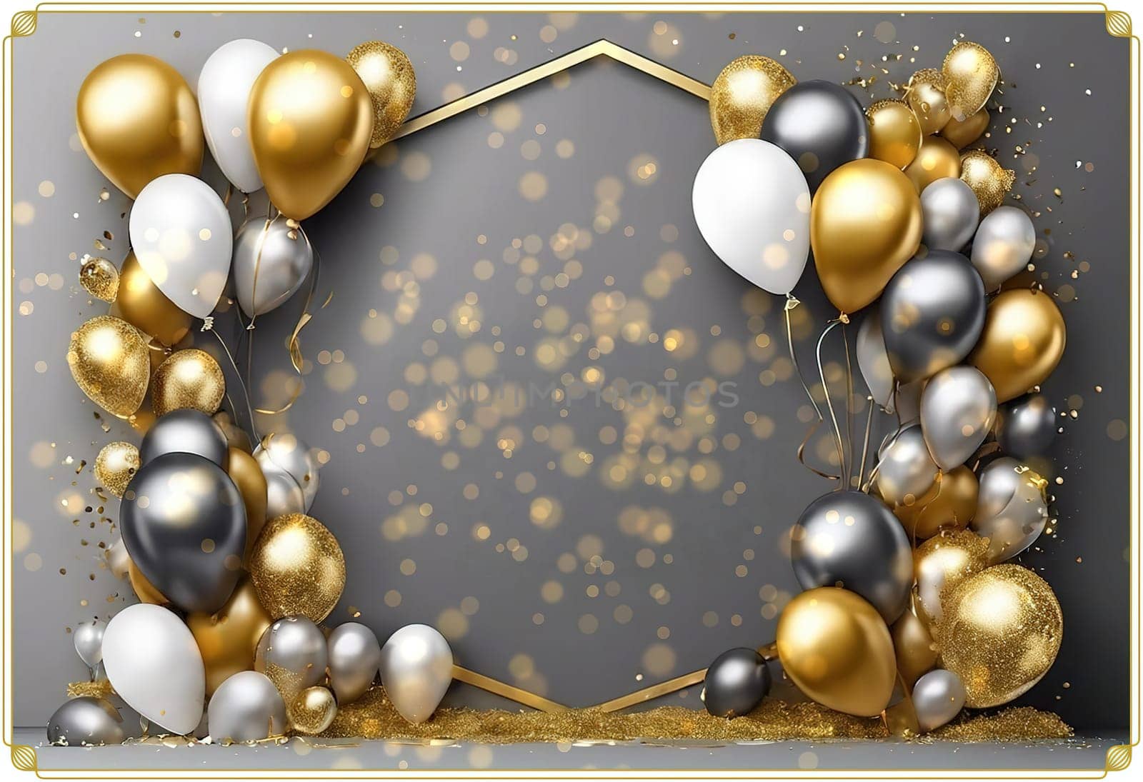 Elegant Balloon Arch with Gold, Silver, and White Balloons.This image showcases a sophisticated balloon arch arrangement featuring a mix of gold, silver, and white balloons. The balloons are artistically clustered around a geometric gold frame, creating a luxurious and festive atmosphere. The background is a soft gray with bokeh light effects, adding a touch of elegance and glamour. This setup is perfect for upscale events, celebrations, and photo backdrops.