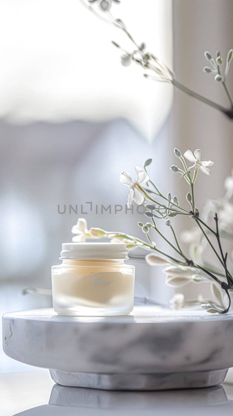 Cosmetic cream in a glass jar. Skin care concept. Background for beauty products
