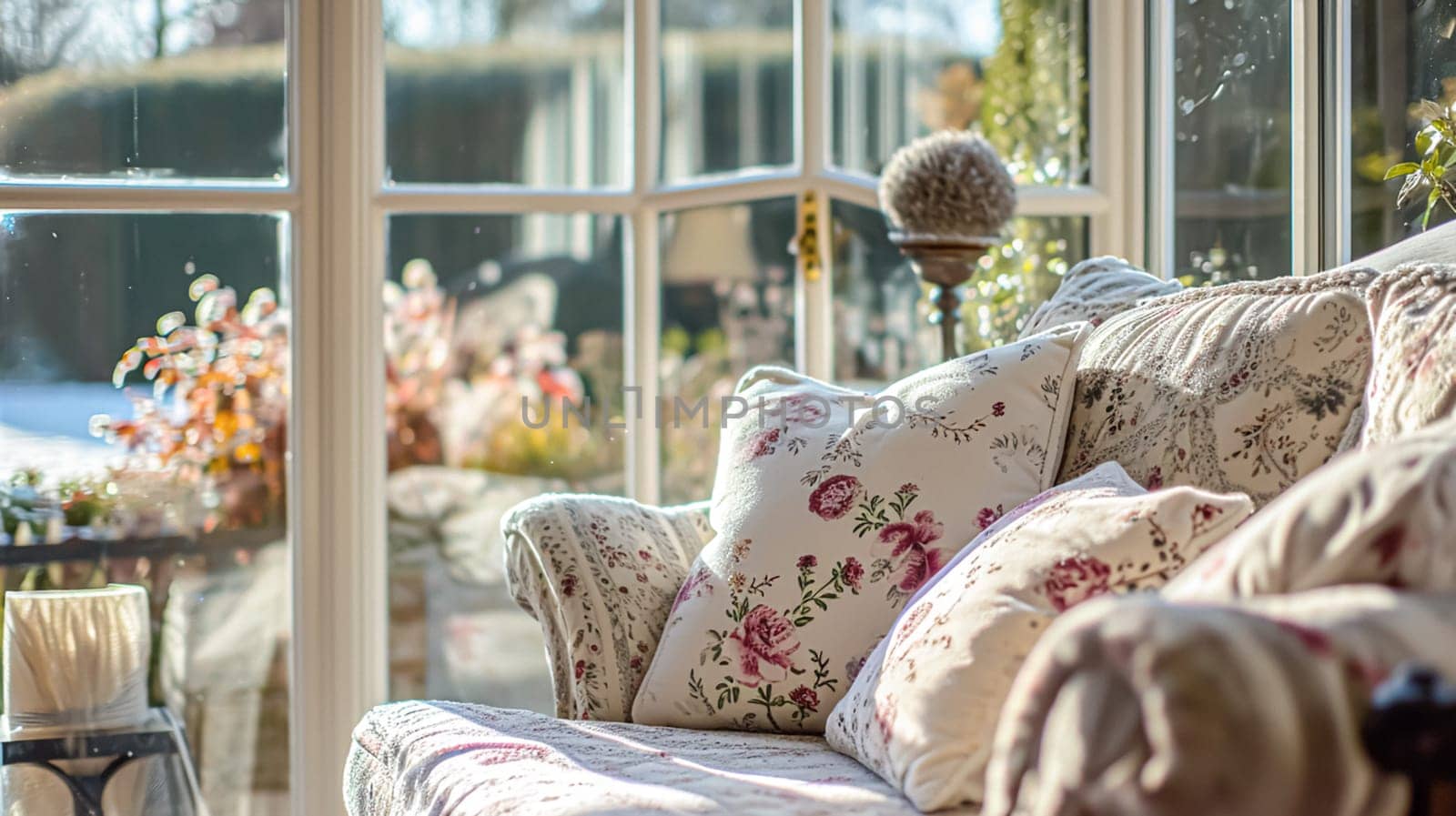 Colorful pillows on sofa against glass wall of window in a winter garden or conservatory. Interior textile concept. High quality photo