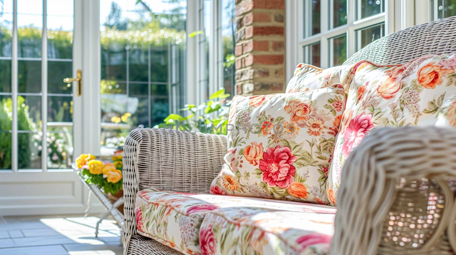Colorful pillows on sofa against glass wall of window in a winter garden or conservatory. Interior textile concept. High quality photo
