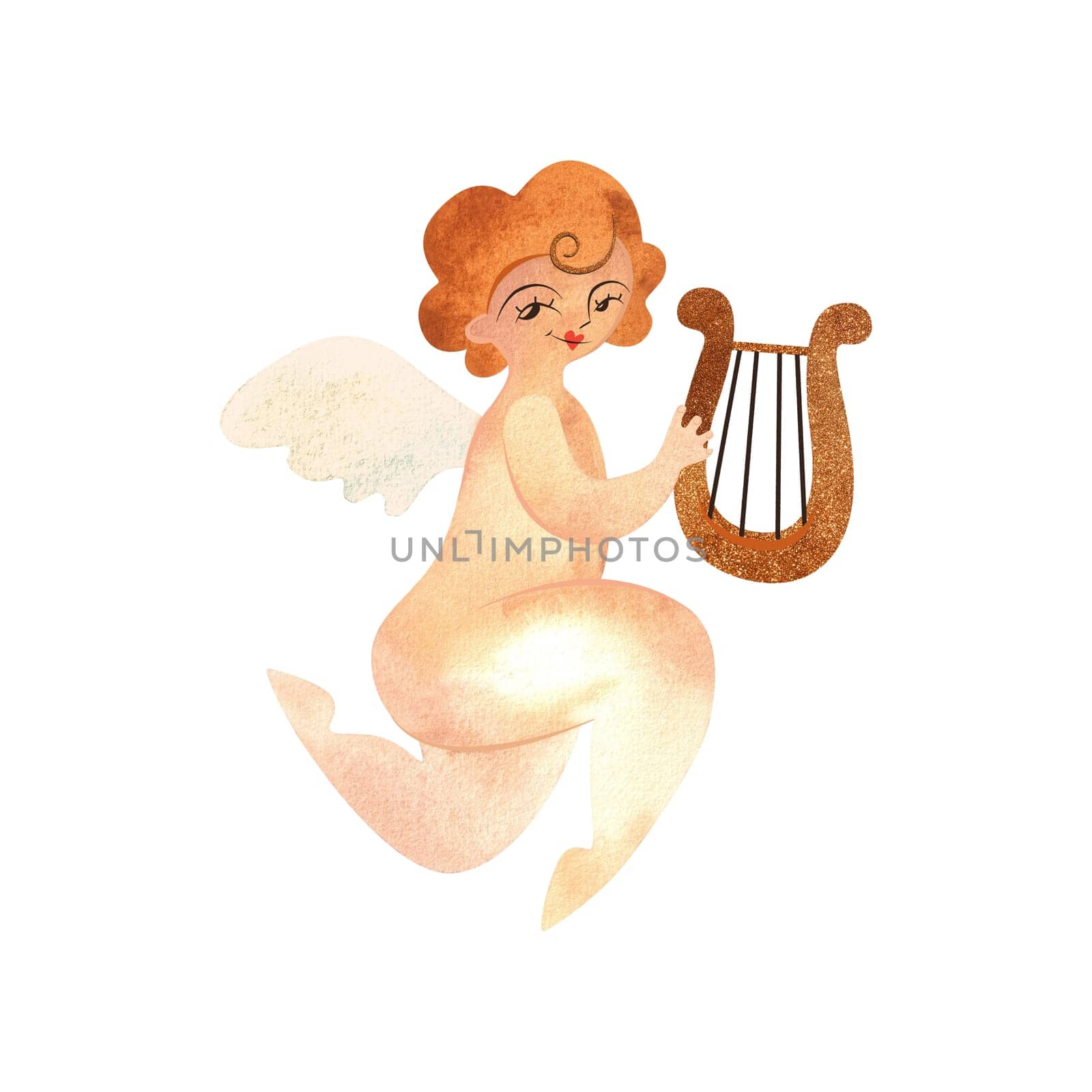 Cupid or Amor, the Greek god of love holding a lyre. Golden-haired baby with wings. Character. Isolated watercolor illustration for valentine. Clipart