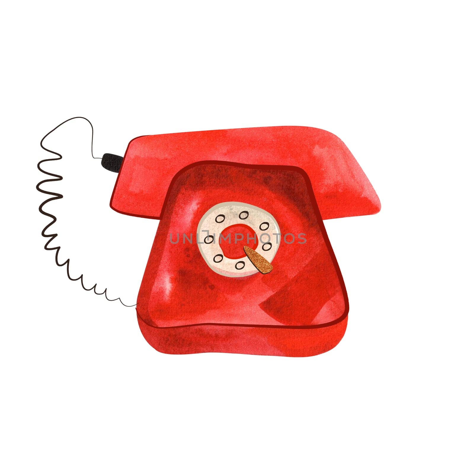 Old red rotary phone like from a movie. Communication device of the 20th century. Isolated watercolor illustration