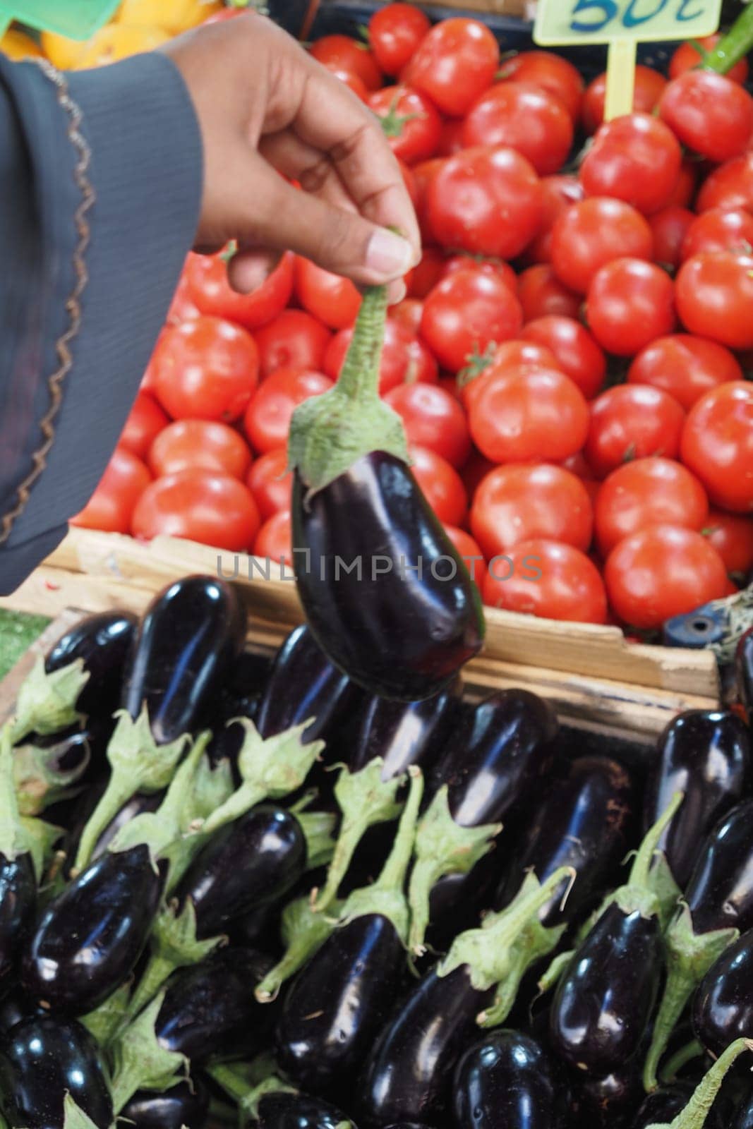 A vibrant array of eggplants and fresh tomatoes is beautifully displayed at a busy market