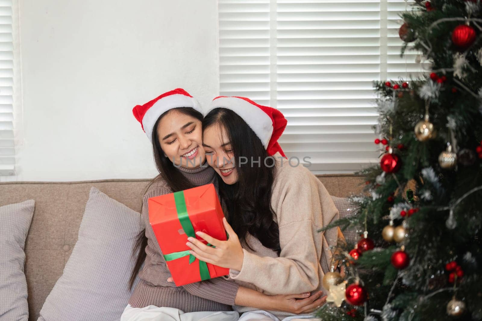 Happy lesbian couple enjoying a Christmas celebration at home, exchanging gifts and sharing joyful moments by the Christmas tree.