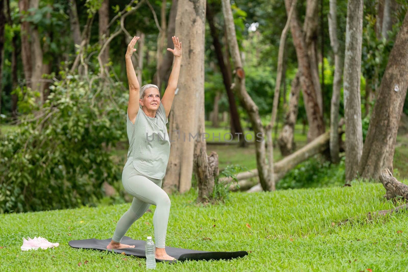 Elderly woman performing stretching exercises on a yoga mat in a serene garden, promoting health and wellness.