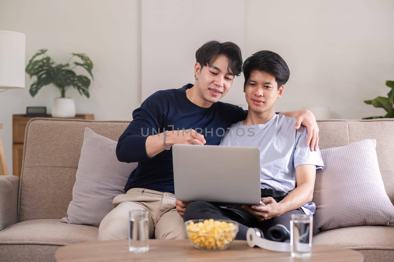 A joyful gay couple sitting together on a couch, using a laptop in a cozy, modern living room setting.