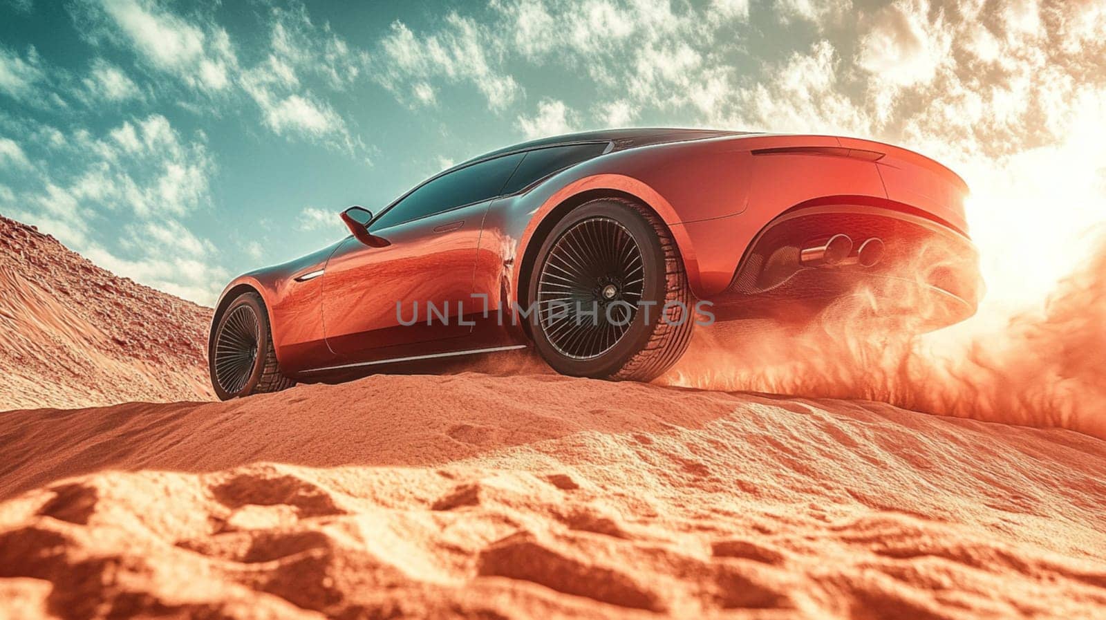 Modern suv car is kicking up dust as it speeds through a desert landscape. The car is a sleek and stylish design, with a powerful engine that allows it to handle even the toughest terrain