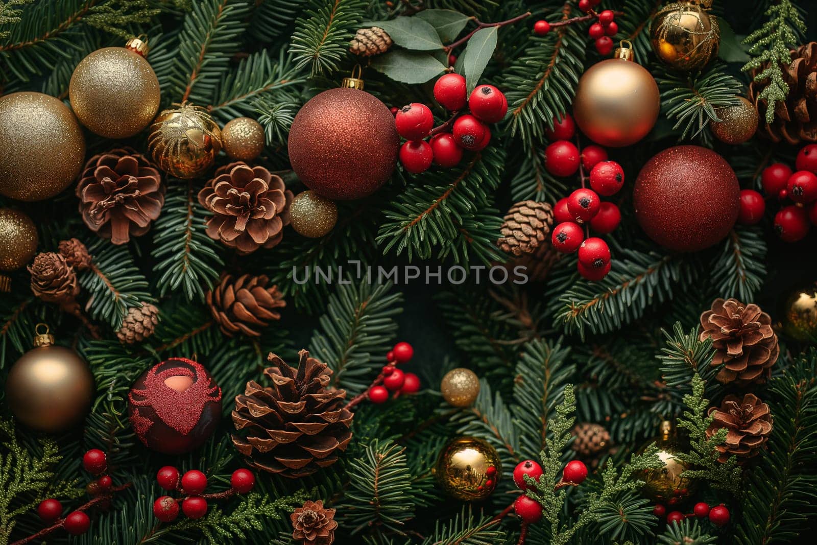 Vibrant holiday decorations featuring ornaments, pine cones, and berries create a warm, festive atmosphere.