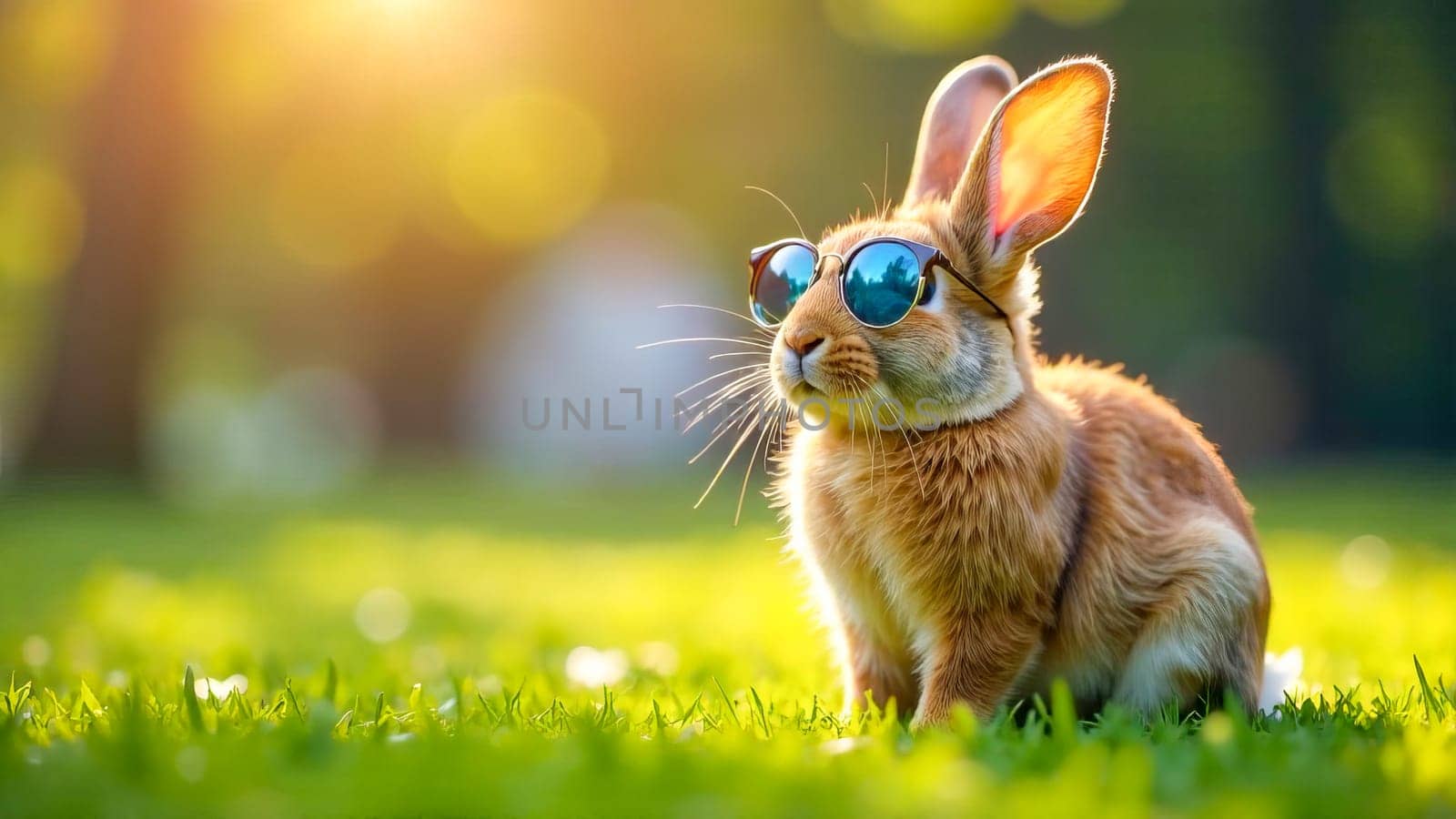 Easter bunny in pink glasses sitting on the grass.