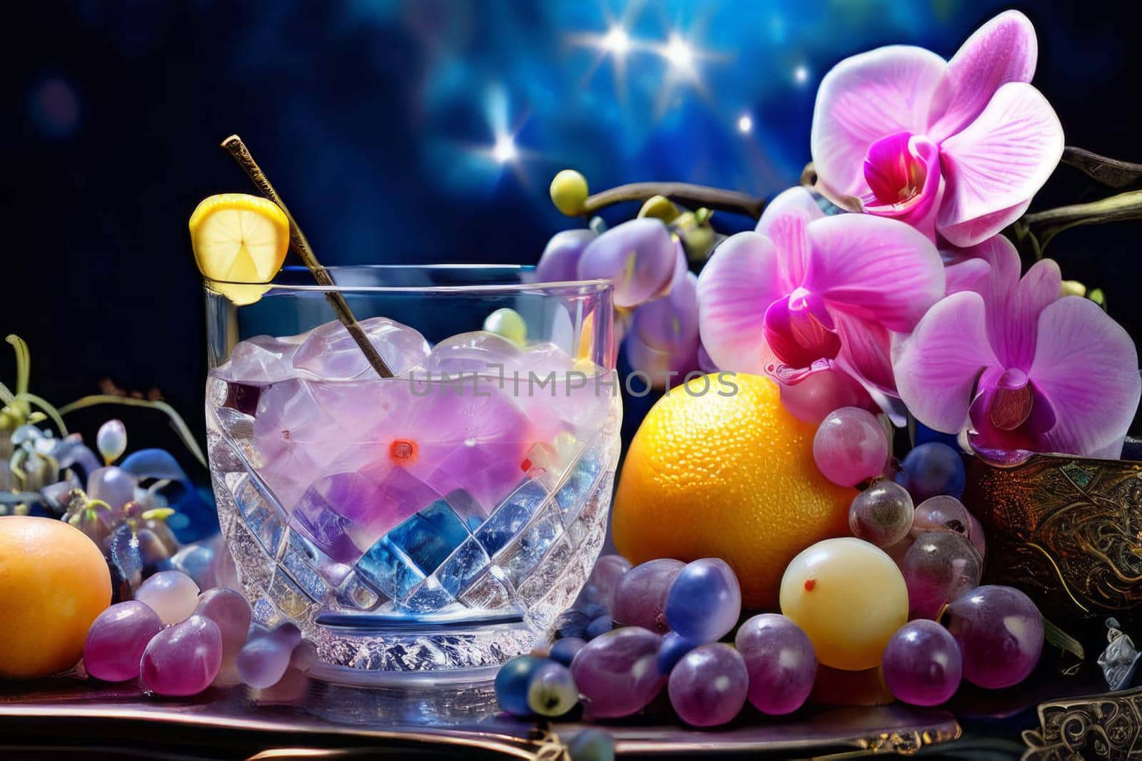 Elegant purple orchid with crystal glass of ice, lemon, and vibrant spheres. Perfect for floral, beverage, or wellness themes. Bright colors, fresh and modern composition