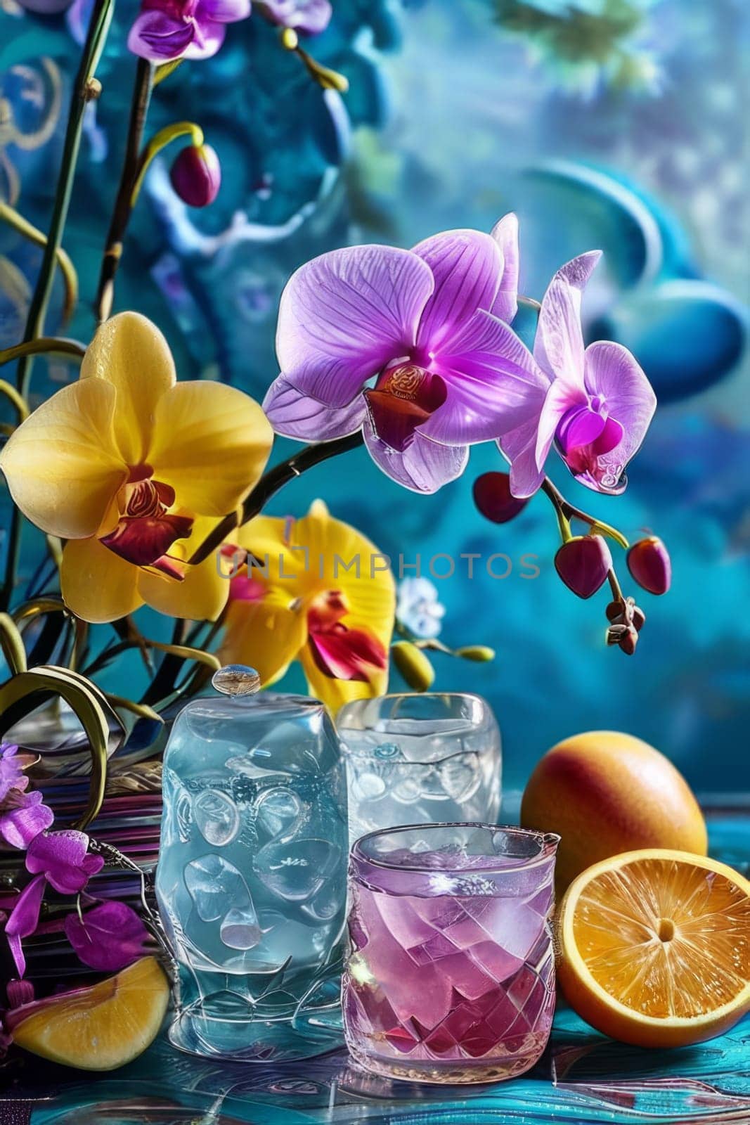 Elegant purple orchid with crystal glass of ice, lemon, and vibrant spheres. Perfect for floral, beverage, or wellness themes. Bright colors, fresh and modern composition