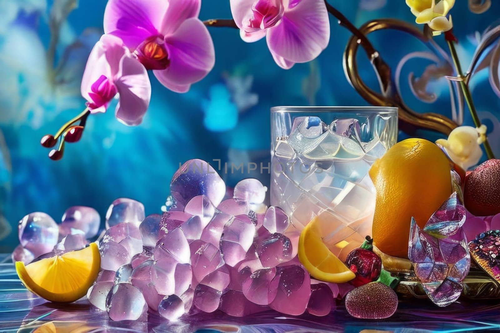 Captivating purple orchid beside glass filled with ice, lemon, and colorful spheres. Ideal for fresh, vibrant designs in wellness, floral, or culinary contexts.