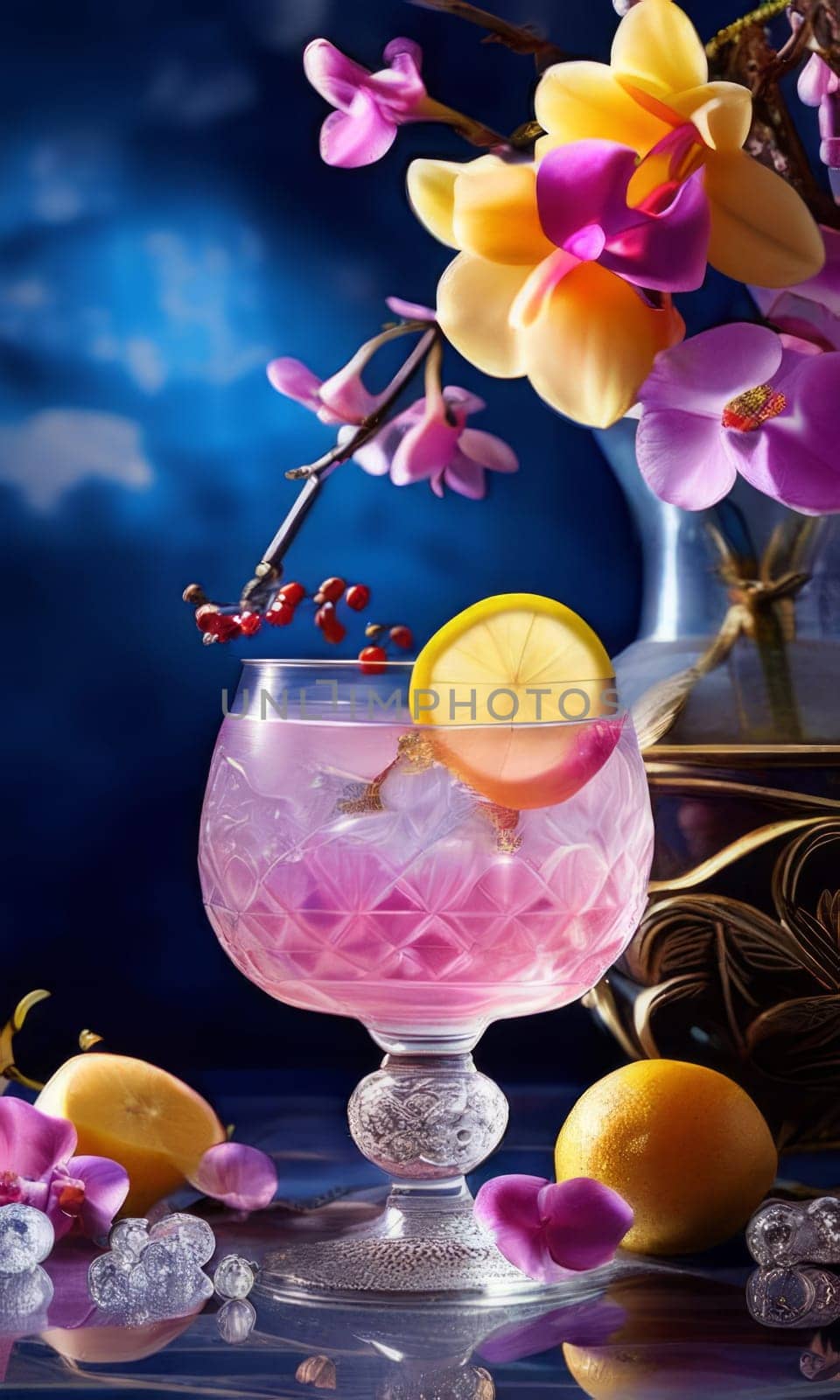 Purple orchid with ice-filled glass, lemon, and colorful spheres. Bright, modern aesthetic suitable for beverage, wellness, or floral promotions. Eye-catching and fresh