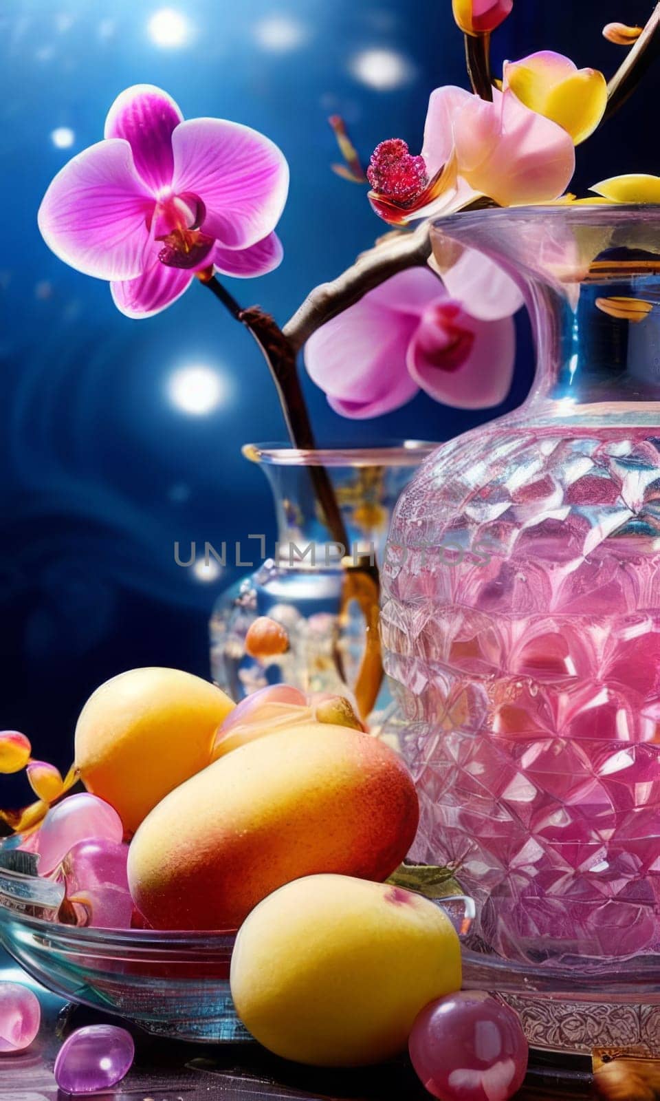 Purple orchid with ice-filled glass, lemon, and colorful spheres. Bright, modern aesthetic suitable for beverage, wellness, or floral promotions. Eye-catching and fresh