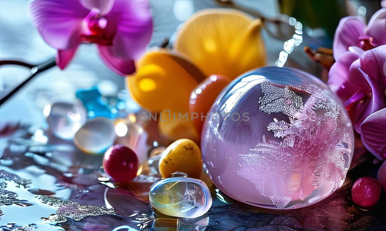 Purple orchid with ice-filled glass, lemon, and colorful spheres. Bright, modern aesthetic suitable for beverage, wellness, or floral promotions. Eye-catching and fresh