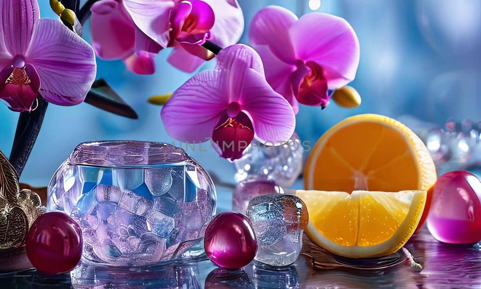 Purple orchid with ice-filled glass, lemon, and colorful spheres. Bright, modern aesthetic suitable for beverage, wellness, or floral promotions. Eye-catching and fresh