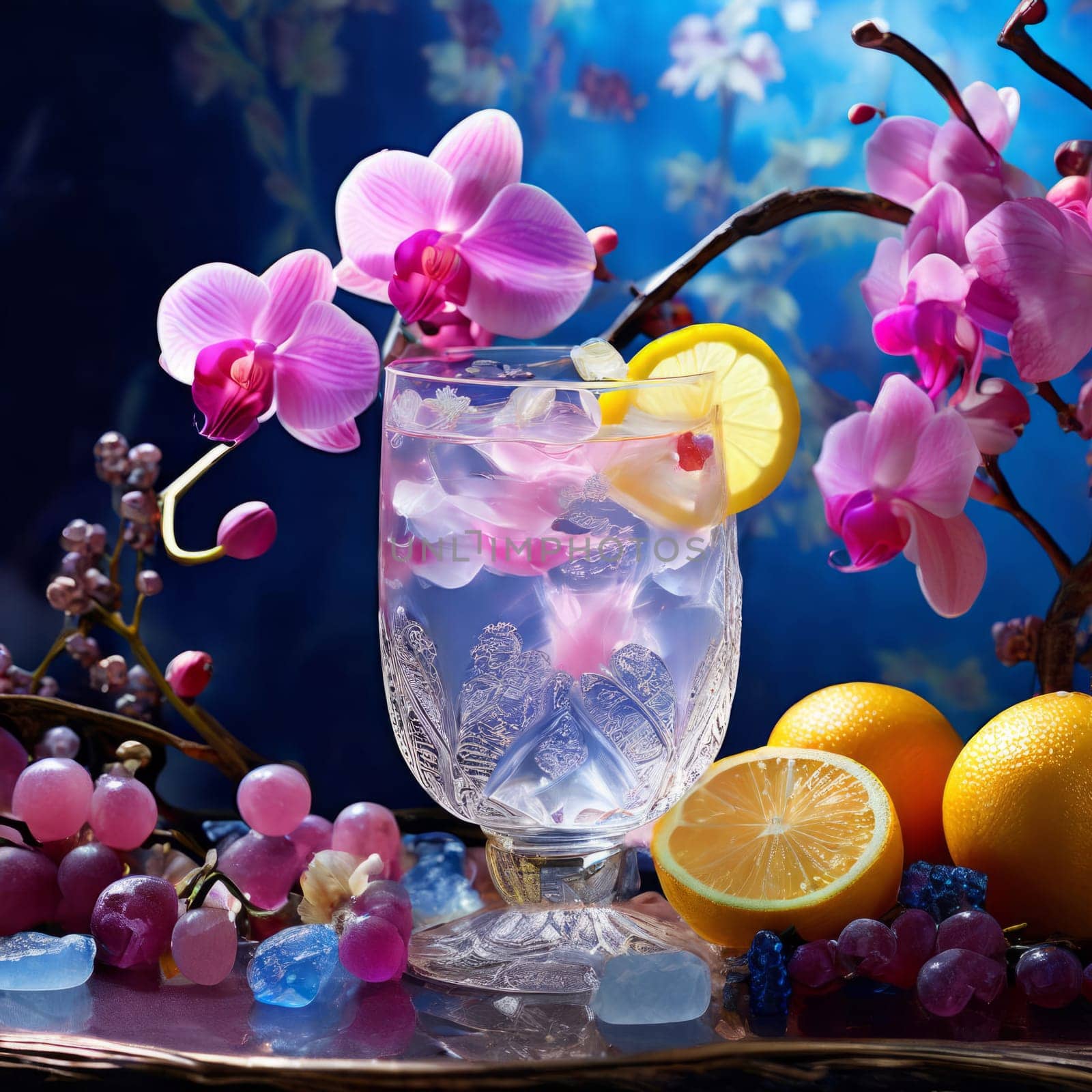 Dynamic scene with purple orchid, crystal glass of ice, lemon, and colorful spheres. Vibrant colors and modern design perfect for beverage or wellness themes