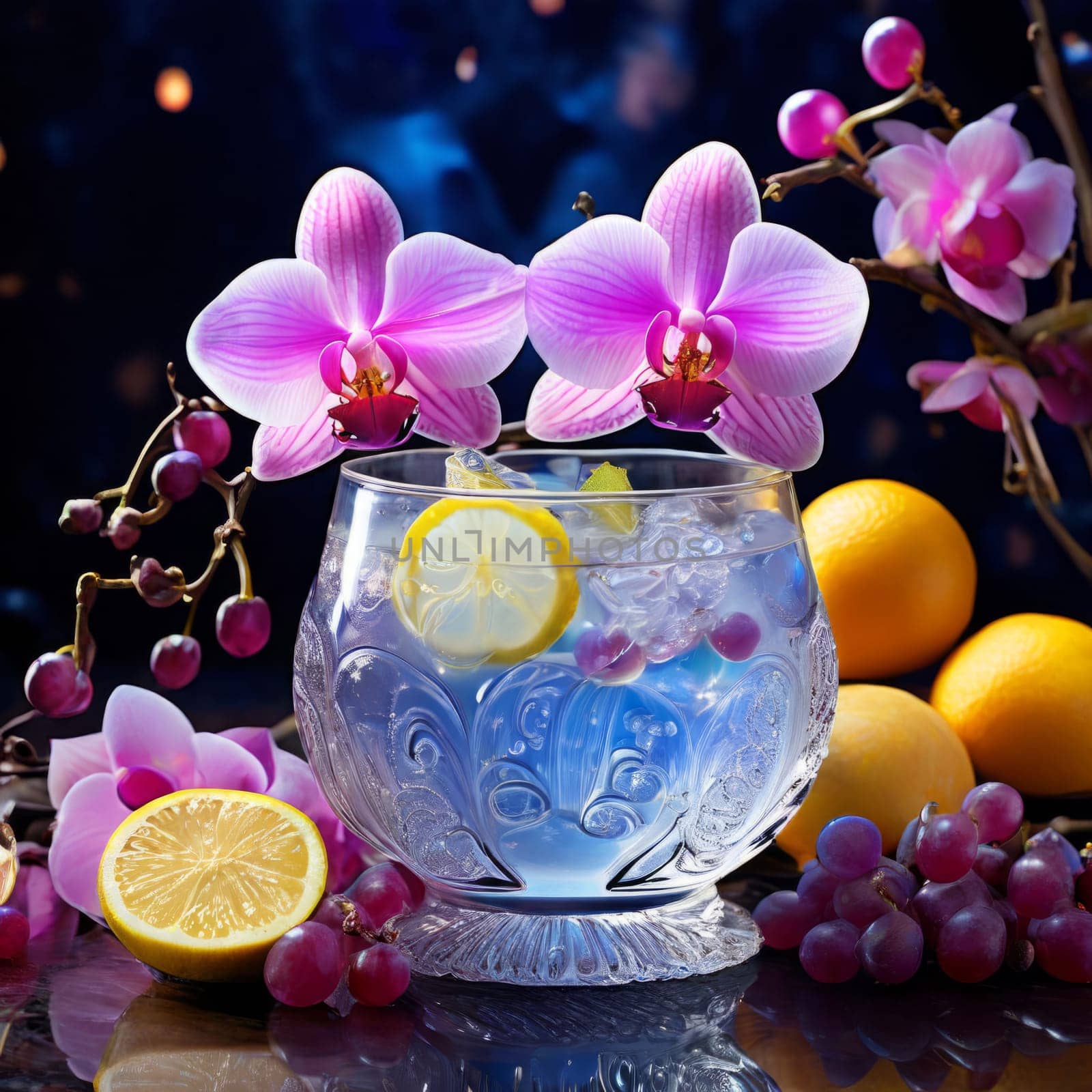 Dynamic scene with purple orchid, crystal glass of ice, lemon, and colorful spheres. Vibrant colors and modern design perfect for beverage or wellness themes