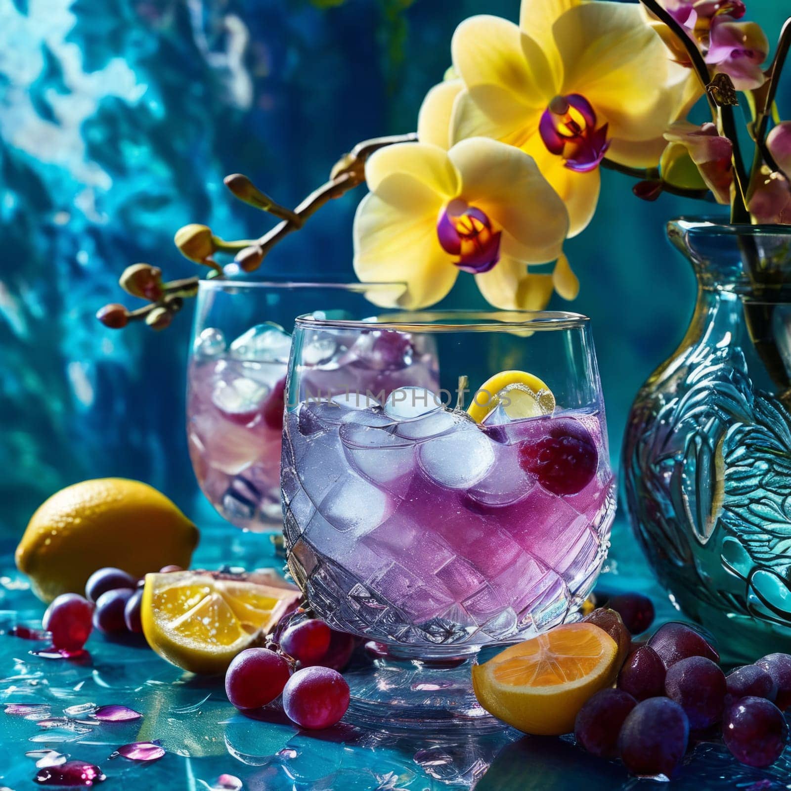 Dynamic scene with purple orchid, crystal glass of ice, lemon, and colorful spheres. Vibrant colors and modern design perfect for beverage or wellness themes