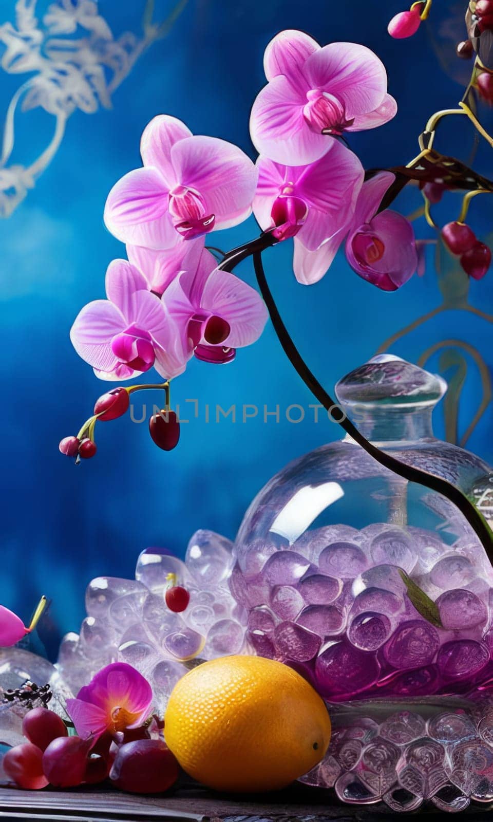 Dynamic scene with purple orchid, crystal glass of ice, lemon, and colorful spheres. Vibrant colors and modern design perfect for beverage or wellness themes