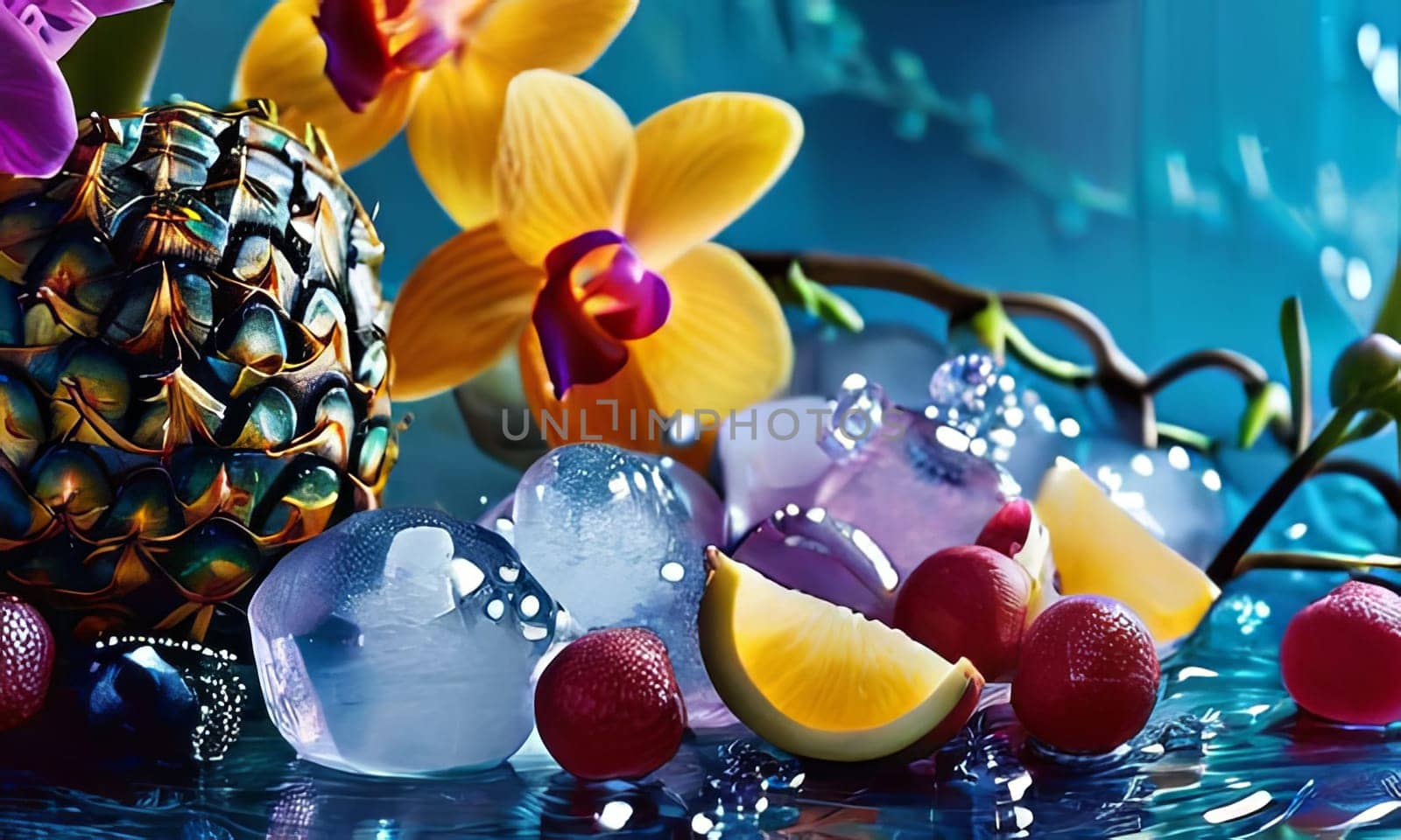 Dynamic scene with purple orchid, crystal glass of ice, lemon, and colorful spheres. Vibrant colors and modern design perfect for beverage or wellness themes