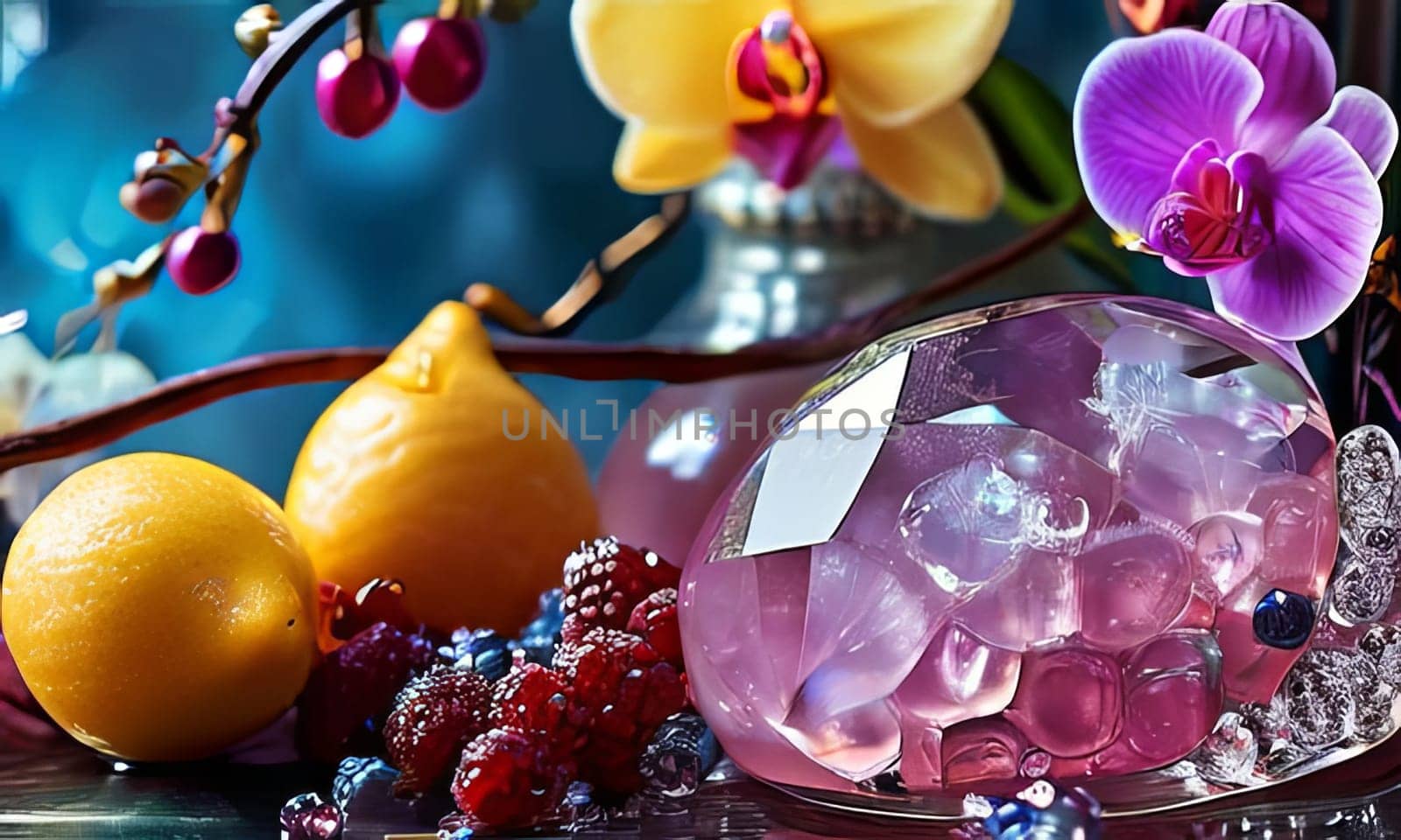 Dynamic scene with purple orchid, crystal glass of ice, lemon, and colorful spheres. Vibrant colors and modern design perfect for beverage or wellness themes