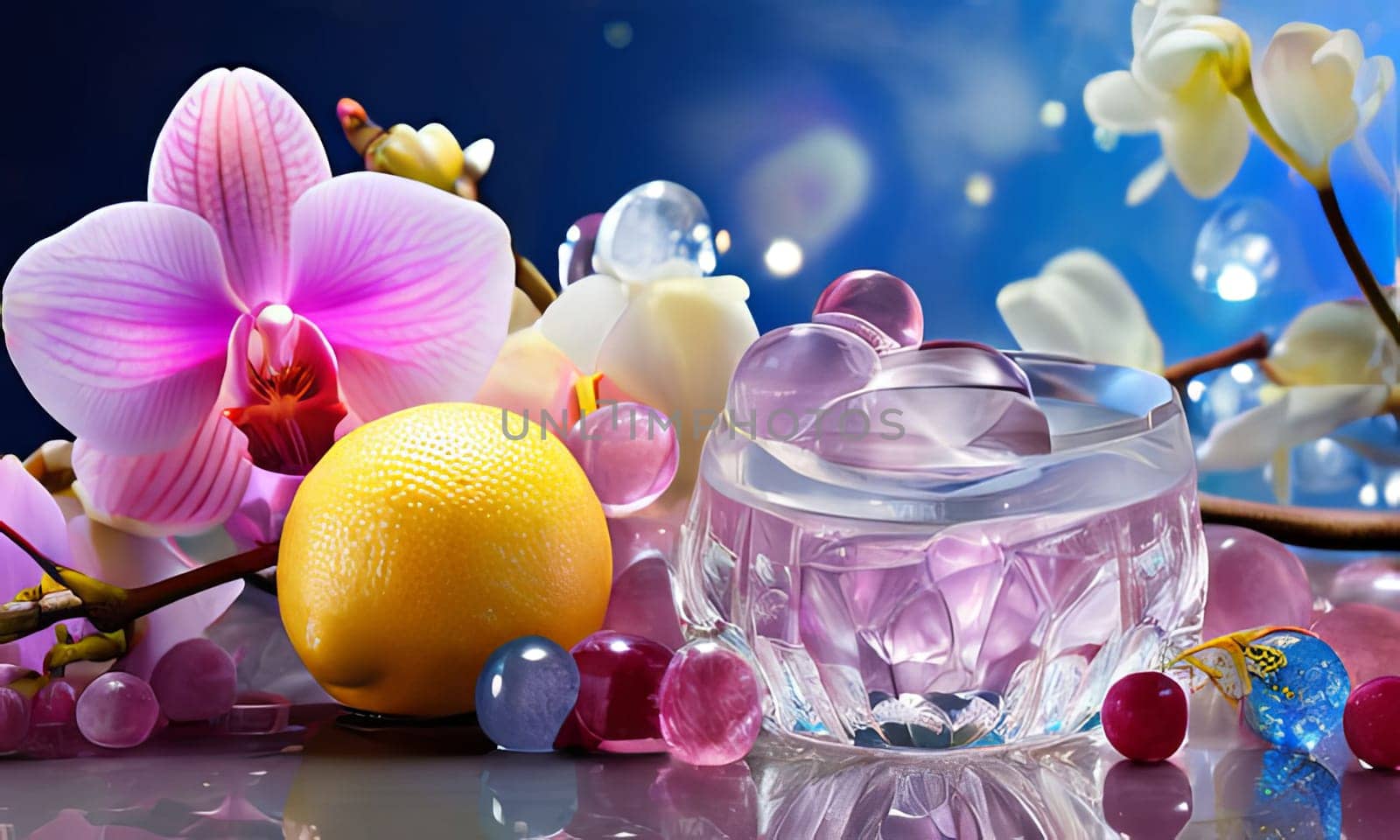 Dynamic scene with purple orchid, crystal glass of ice, lemon, and colorful spheres. Vibrant colors and modern design perfect for beverage or wellness themes