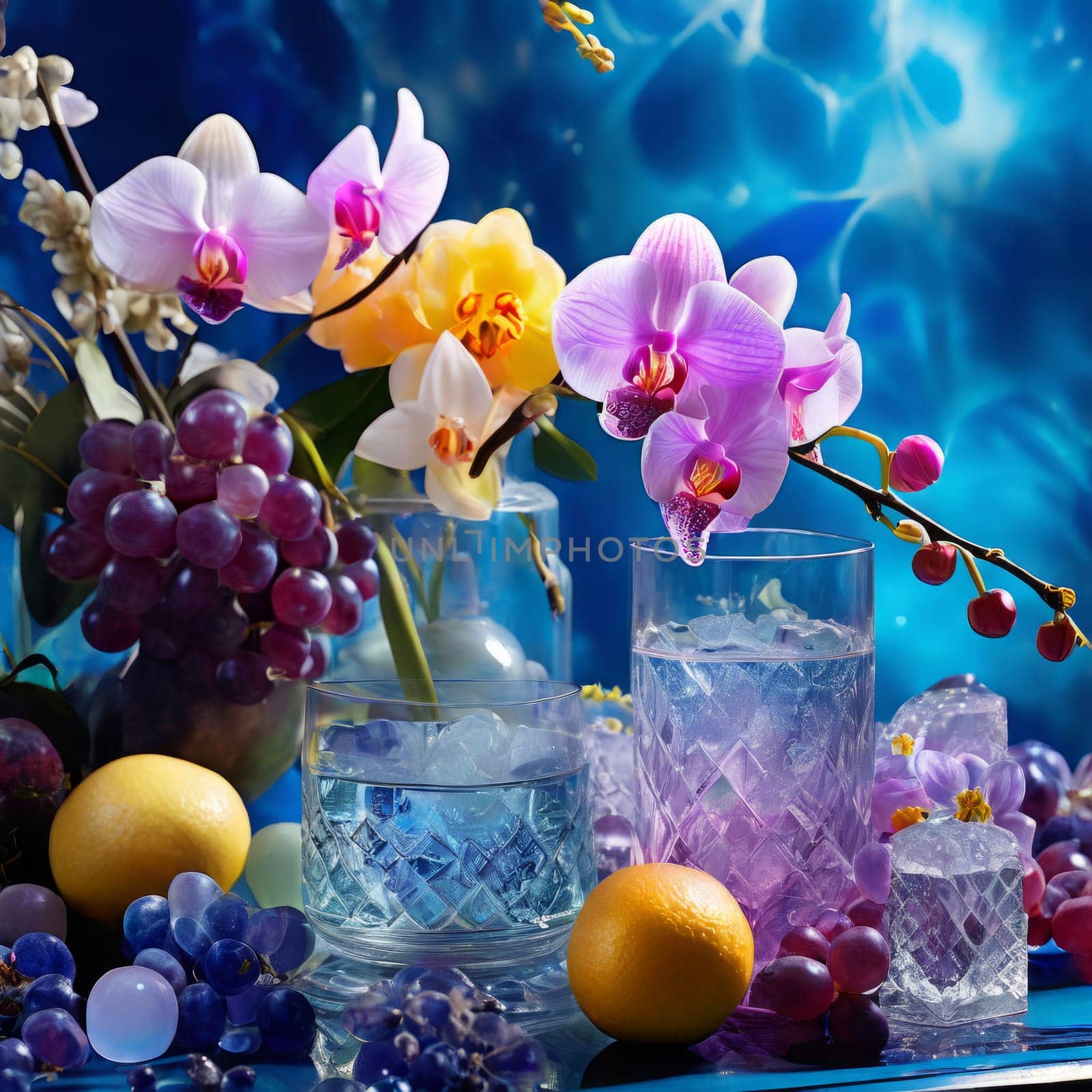 Stunning purple orchid next to ice-filled glass, lemon, and vibrant spheres. Ideal for fresh, colorful compositions in floral, beverage, or wellness sectors