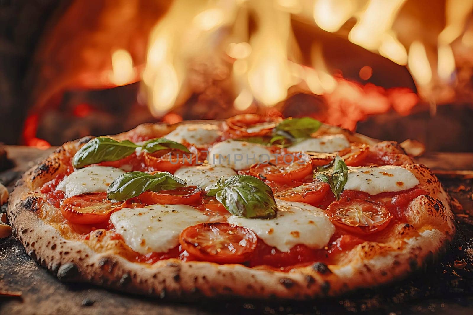 A margherita pizza with basil is freshly baked. Tradition Italian cuisine.
