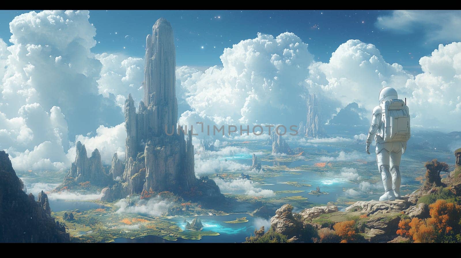 An astronaut surveys a breathtaking alien valley with towering cliffs, vibrant vegetation, and lakes under a sky filled with clouds and stars.